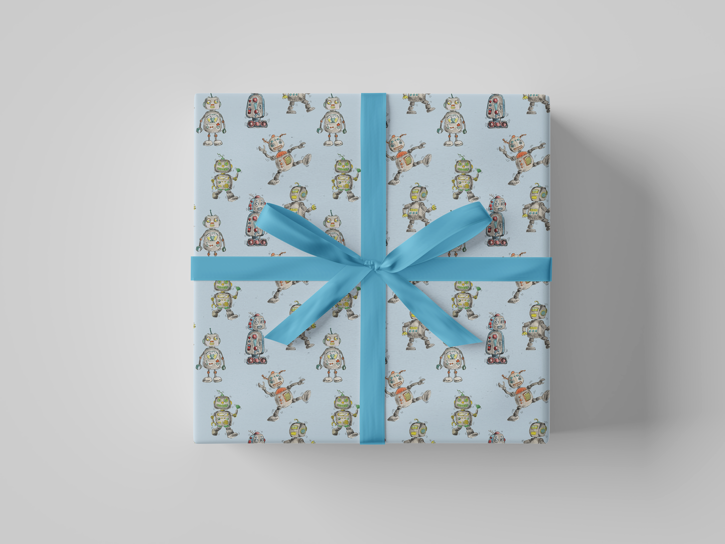 Front view of retro-style box robots with vibrant accent colors, printed on light blue, smooth matte wrapping paper