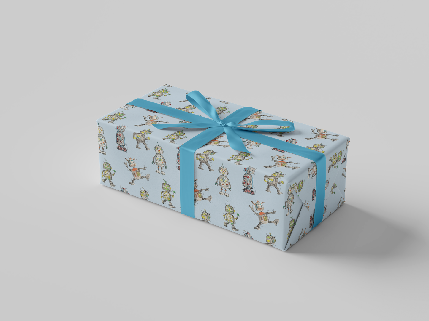 Side view of retro-style box robots with vibrant accent colors, printed on light blue, smooth matte wrapping paper