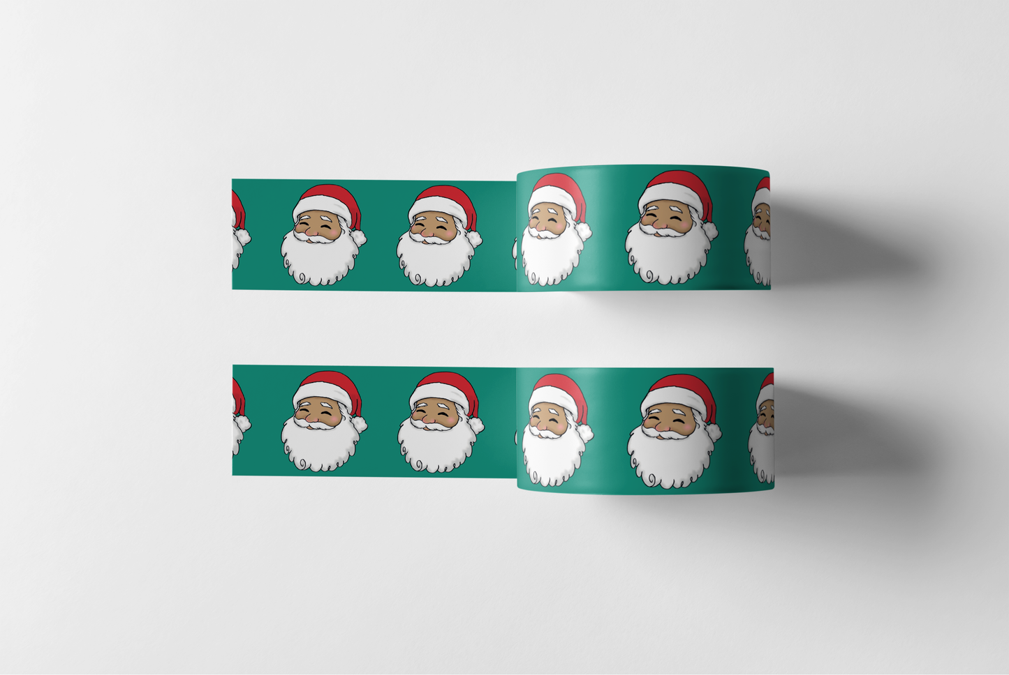 Two sets of decorative washi tape featuring a smiling Santa Claus wearing a red hat, set against a green background.