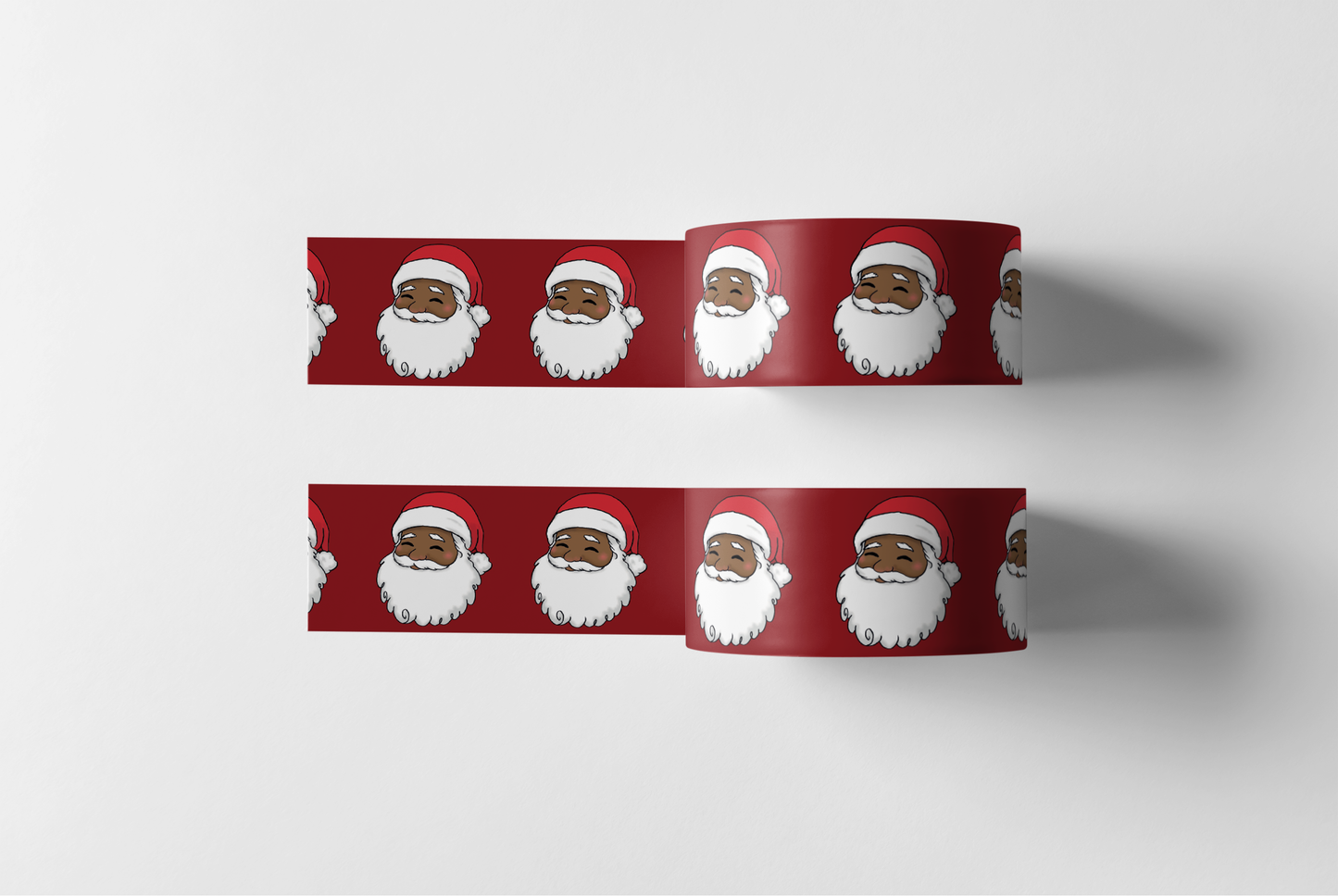 Two sets of decorative washi tape featuring a smiling Santa Claus wearing a red hat, set against a deep red background.
