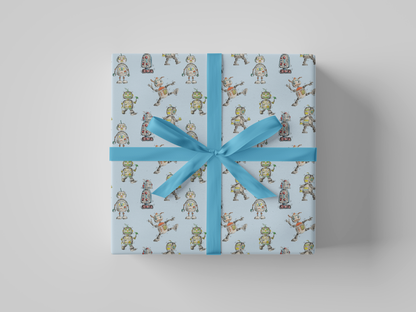 Front view of retro-style box robots with vibrant accent colors, printed on light blue, smooth matte wrapping paper