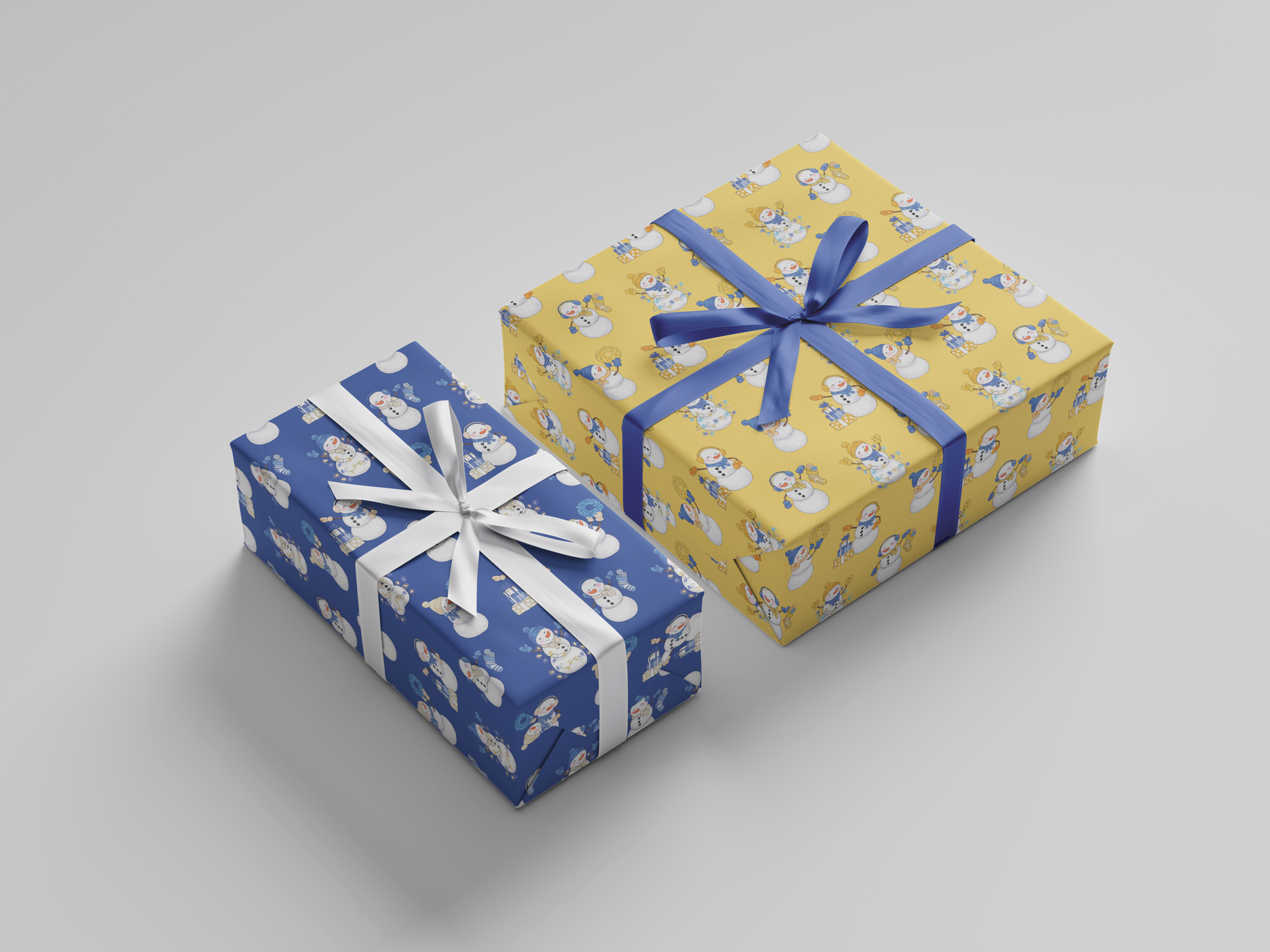 Side view of blue and white and yellow and blue snowladies holding Christmas gifts, stockings, wreaths, and Christmas tree lights posed against a backdrop of blue-colored wrapping paper and yellow-colored wrapping paper.