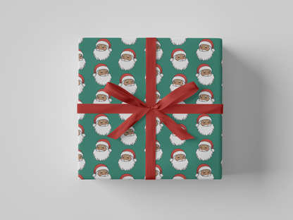 Front view of Christmas wrapping paper featuring a smiling Santa Claus wearing a red hat, set against a green background.